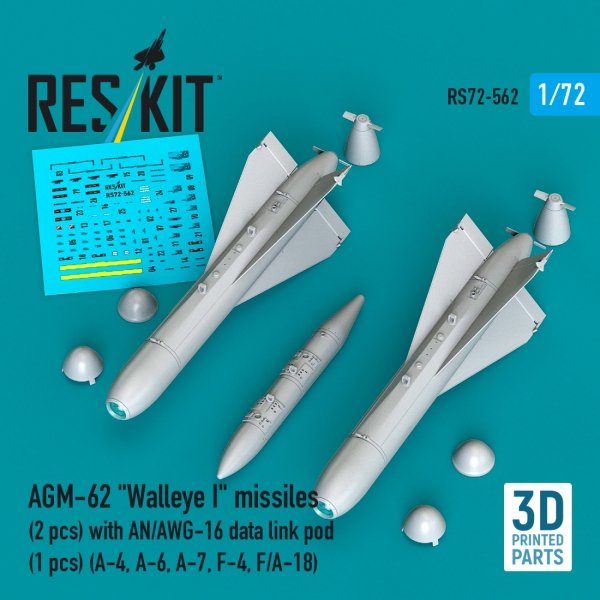 RESKIT RS72-0562 AGM-62 "Walleye I" missiles (2 pcs) with AN/AWG-16 data link pod (1 pcs) (A-4, A-6, A-7, F-4, F/A-18) (3D Printed) (1/72)