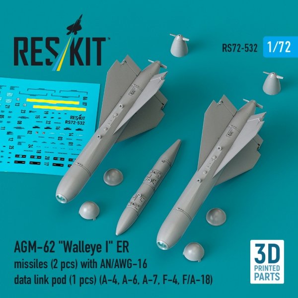 RESKIT RS72-0532 AGM-62 "Walleye I" ER missiles (2 pcs) with AN/AWG-16 data link pod (1 pcs) (A-4, A-6, A-7, F-4, F/A-18) (3D Printed) (1/72)