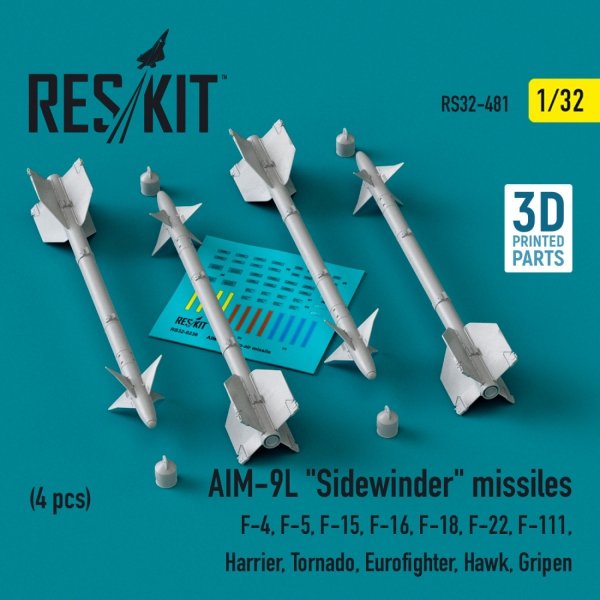 RESKIT RS32-0481 AIM-9L &quot;Sidewinder&quot; missiles (4 pcs) (3D Printed) 1/32