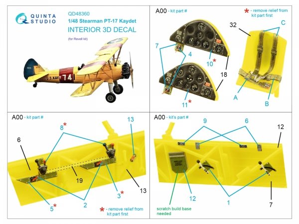 Quinta Studio QD48360 Stearman Pt-17 Kaydet 3D-Printed &amp; coloured Interior on decal paper (Revell) 1/48