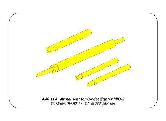 Aber A48114 Armament for Soviet fighter MIG-3 2x7,62ShKAS; 1x12,7mm UBS; pitot tube (1:48)