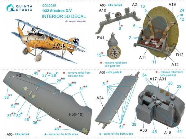Quinta Studio QD32085 Albatros D.V 3D-Printed &amp; coloured Interior on decal paper (Wingnut Wings) 1/32