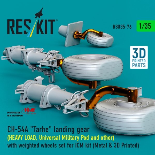 RESKIT RSU35-0076 CH-54A "Tarhe" landing gear (HEAVY LOAD, Universal Military Pod and other) with weighted wheels set for ICM kit (Metal &amp; 3D Printed) (1/35)