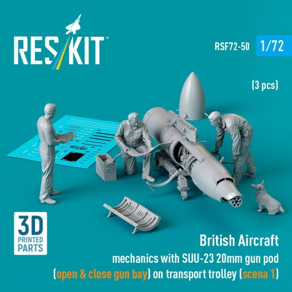 RESKIT RSF72-0050 British Aircraft mechanics with SUU-23 20mm gun pod (open &amp; close gun bay) on transport trolley (scene 1) (3 pcs) (3D Printed)  (1/72)