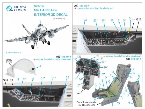 Quinta Studio QD32109 F/A-18C Late 3D-Printed &amp; coloured Interior on decal paper (Academy) 1/32