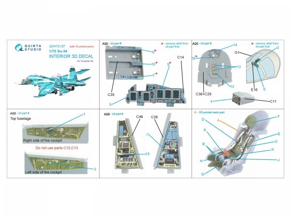 Quinta Studio QD+72157 Su-34 3D-Printed coloured Interior on decal paper (Trumpeter) (with 3D-printed resin part) 1/72