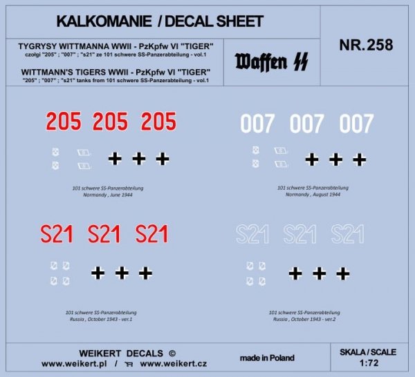 Weikert Decals DEC258 TYGRYSY WITTMANNA - czołg Pzkpfw VI TIGER - 101 schwere SS-Panzerabteilung - vol.1 1/72