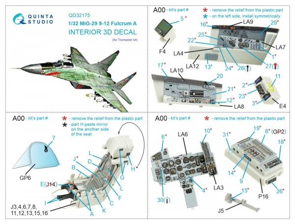 Quinta Studio QD32175 MiG-29 9-12 Fulcrum A 3D-Printed &amp; coloured Interior on decal paper (Trumpeter) 1/32