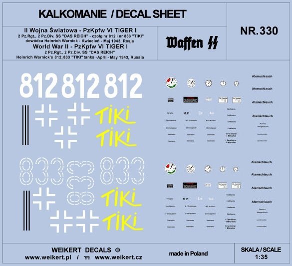 Weikert Decals DEC330 PzKpfw VI TIGER - 2nd Panzer Regiment, 2nd Panzer Division &quot;DAS REICH&quot; 1/35