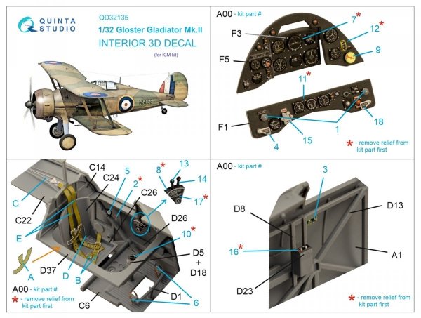 Quinta Studio QD32135 Gloster Gladiator Mk II 3D-Printed &amp; coloured Interior on decal paper (ICM) 1/32