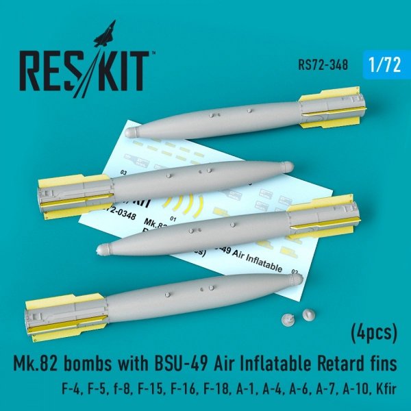 RESKIT RS72-0348 MK.82 BOMBS WITH BSU-49 AIR INFLATABLE RETARD FINS (4PCS) 1/72