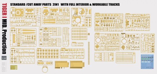 Rye Field Model 5100 TIGER I MID.Production STANDARD/CUT AWAY PARTS 2 IN 1 WITH FULL INTERIOR&amp;WORKABLE TRACKS 1/35