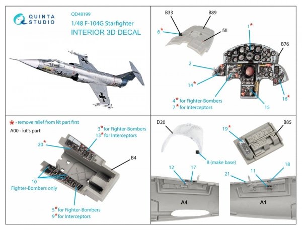 Quinta Studio QD48199 F-104G 3D-Printed &amp; coloured Interior on decal paper (Kinetic) 1/48