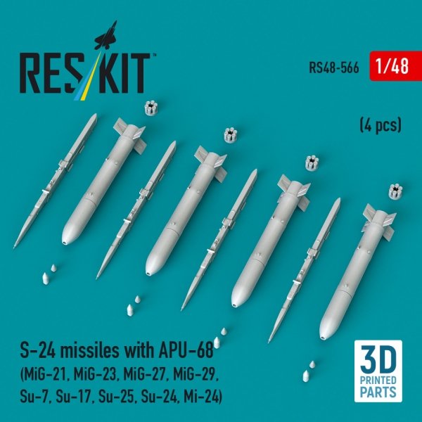 RESKIT RS48-0566 S-24 missiles with APU-68 (4 pcs) (MiG-21, MiG-23, MiG-27, MiG-29, Su-7, Su-17, Su-25, Su-24, Mi-24) (3D Printed) (1/48)