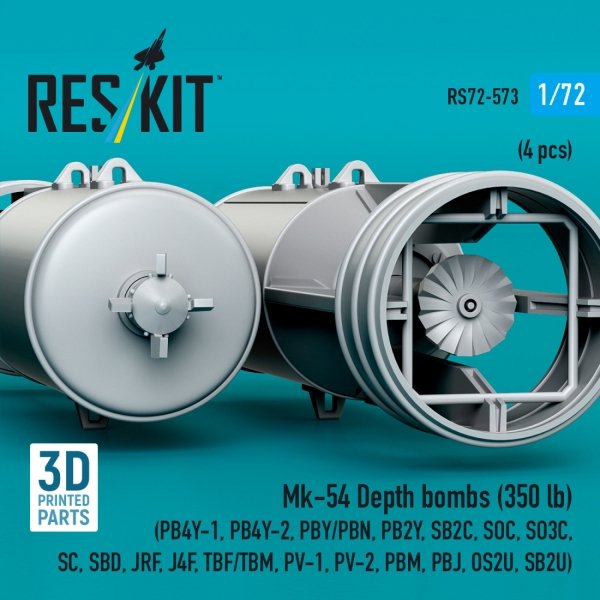 RESKIT RS72-0573 Mk-54 Depth bombs (350 lb) (4 pcs) (PB4Y-1, PB4Y-2, PBY/PBN, PB2Y, SB2C, SOC, SO3C, SC, SBD, JRF, J4F, TBF/TBM, PV-1, PV-2, PBM, PBJ, OS2U, SB2U) (3D Printed) (1/72)