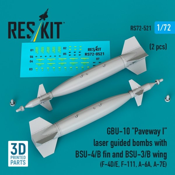 RESKIT RS72-0521 GBU-10 "Paveway I" laser guided bombs with BSU-4/B fin and BSU-3/B wing (2 pcs) (3D Printed) 1/72