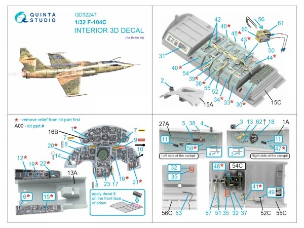 Quinta Studio QD32247 F-104C 3D-Printed &amp; coloured Interior on decal paper (Italeri) 1/32