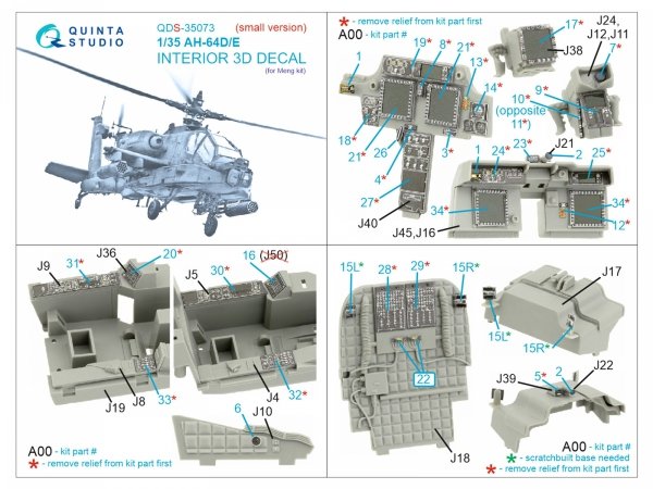 Quinta Studio QDS35073 AH-64D/E 3D-Printed &amp; coloured Interior on decal paper (Meng) (small version) 1/35