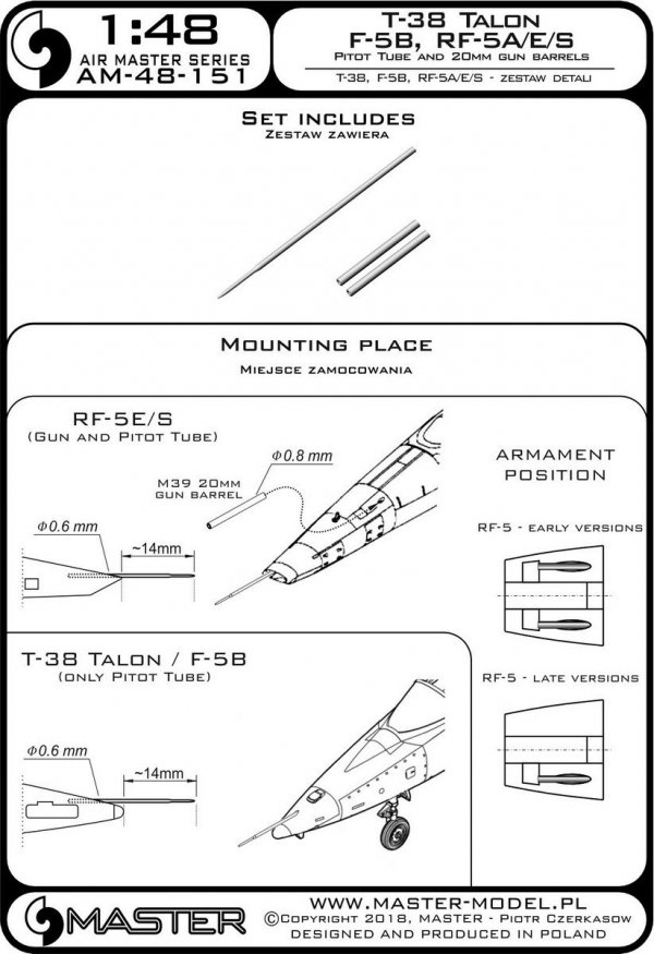 Master AM-48-151 T-38 Talon / F-5B / RF-5A, E, S - Rurka Pitota i lufy działek 20mm 1/48