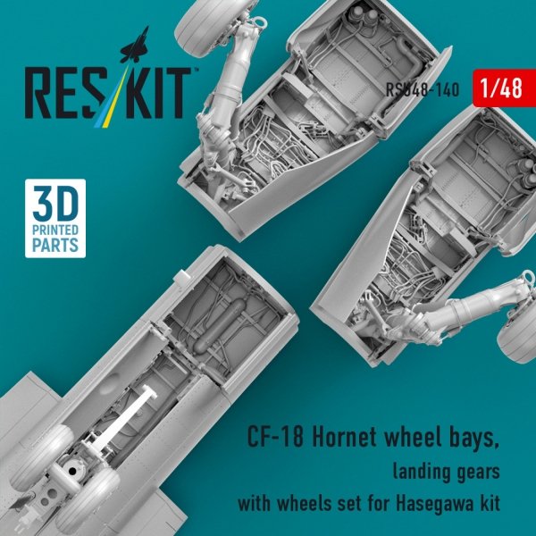 RESKIT RSU48-0140 CF-18 Hornet wheel bays, landing gears with wheels set for Hasegawa kit (3D Printed) (1/48)