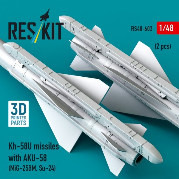 RESKIT RS48-0602 Kh-58U missiles with AKU-58 (2 pcs) (MiG-25BM, Su-24) (3D Printed) (1/48)