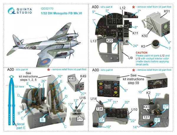 Quinta Studio QD32170 DH Mosquito FB Mk.VI 3D-Printed &amp; coloured Interior on decal paper (Tamiya) 1/32