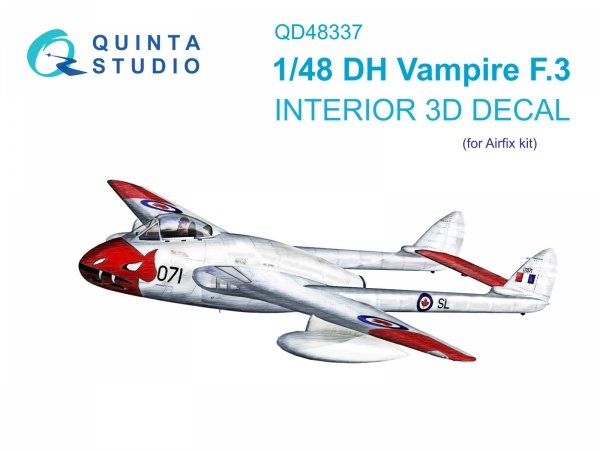 Quinta Studio QD48337 DH Vampire F.3 3D-Printed coloured Interior on decal paper (Airfix) 1/48