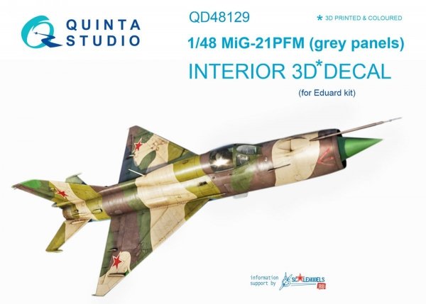 Quinta Studio QD48129 MiG-21PFM (grey color panels) 3D-Printed &amp; coloured Interior on decal paper (for Eduard kit) 1/48