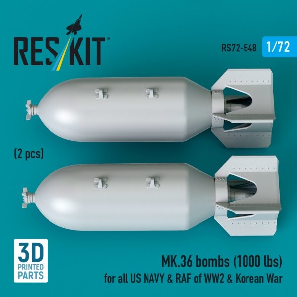 RESKIT RS72-0548 MK.36 bombs (1000 lbs) for all US NAVY &amp; RAF of WW2 &amp; Korean War (2 pcs) (3D Printed) 1/72