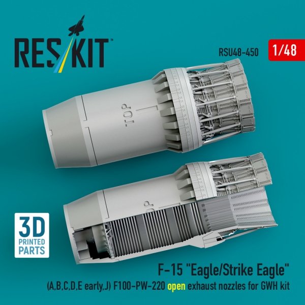 RESKIT RSU48-0450 F-15 "Eagle/Strike Eagle" (A,B,C,D,E early,J) F100-PW-220 open exhaust nozzles for GWH kit (3D Printed) 1/48