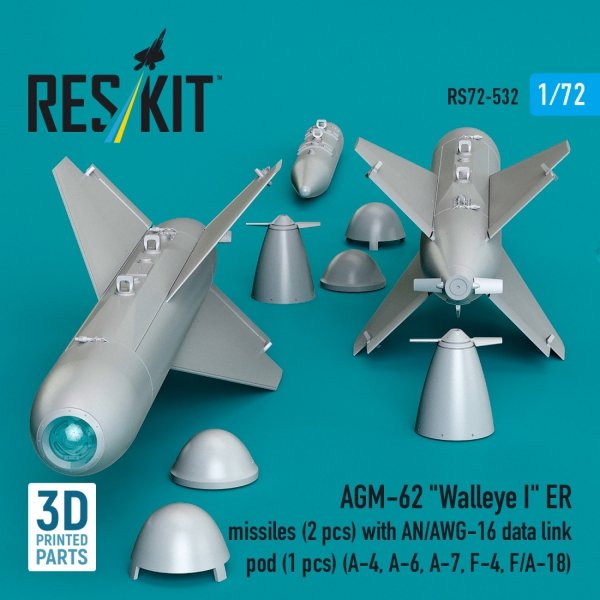 RESKIT RS72-0532 AGM-62 "Walleye I" ER missiles (2 pcs) with AN/AWG-16 data link pod (1 pcs) (A-4, A-6, A-7, F-4, F/A-18) (3D Printed) (1/72)