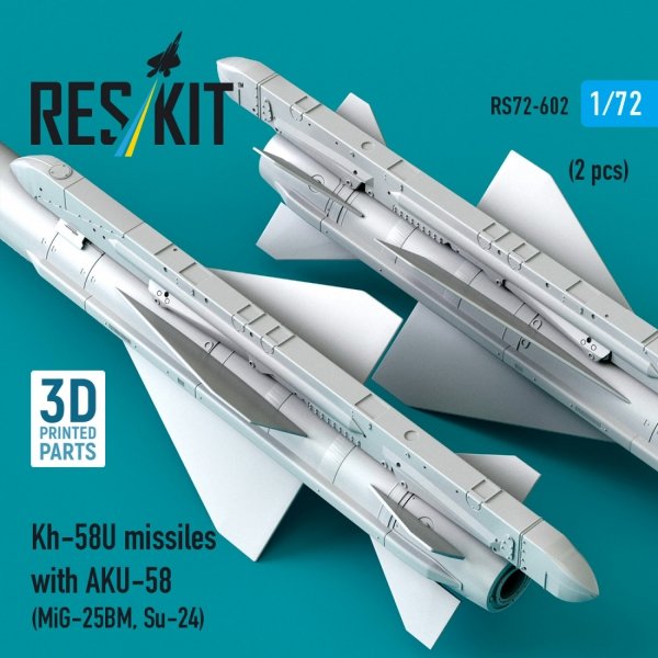 RESKIT RS72-0602 Kh-58U missiles with AKU-58 (2 pcs) (MiG-25BM, Su-24) (3D Printed) (1/72)