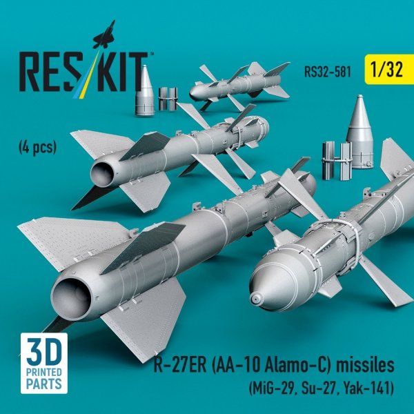 RESKIT RS32-0581 R-27ER (AA-10 Alamo-C) missiles (4 pcs) (MiG-29, Su-27, Yak-141) (3D Printed) (1/32)