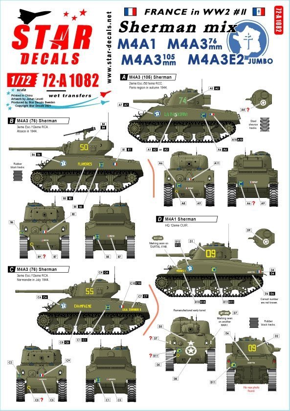 Star Decals 72-A1082 French Sherman Mix. M4A1, M4A3 105mm, M4A3 76mm and M4A3E2 Jumbo 1/72