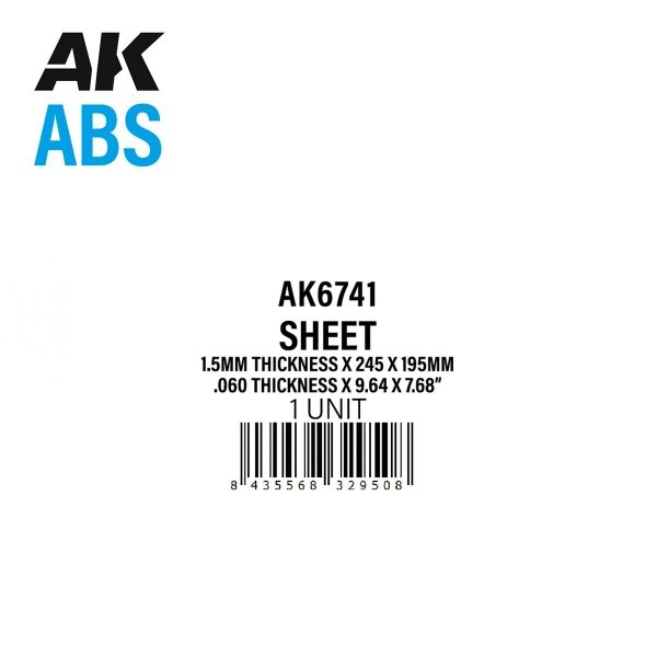 AK Interactive AK6741 1.5MM THICKNESS X 245 X 195MM – ABS SHEET – 1 UNIT PER BAG