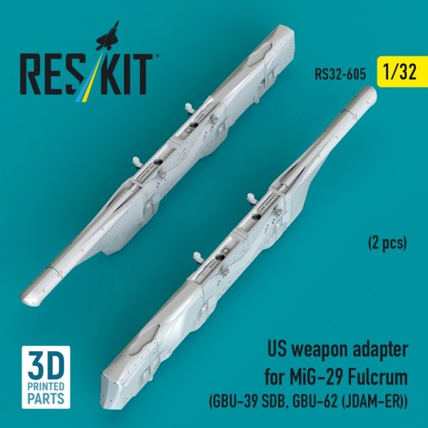 RESKIT RS32-0605 US weapon adapter for MiG-29 Fulcrum (2 pcs) (GBU-39 SDB, GBU-62 (JDAM-ER)) (3D Printed) (1/32)