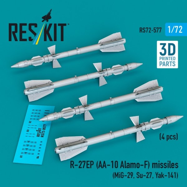 RESKIT RS72-0577 R-27EP (AA-10 Alamo-F) missiles (4 pcs) (MiG-29, Su-27, Yak-141) (3D Printed) (1/72)