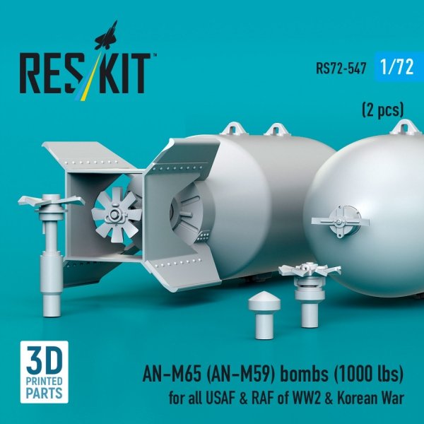 RESKIT RS72-0547 AN-M65 (AN-M59) bombs (1000 lbs) for all USAF &amp; RAF of WW2 &amp; Korean War (2 pcs) (3D Printed) 1/72