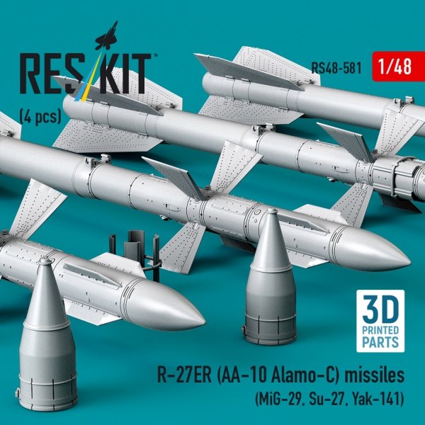 RESKIT RS48-0581 R-27ER (AA-10 Alamo-C) missiles (4 pcs) (MiG-29, Su-27, Yak-141) (3D Printed) (1/48)