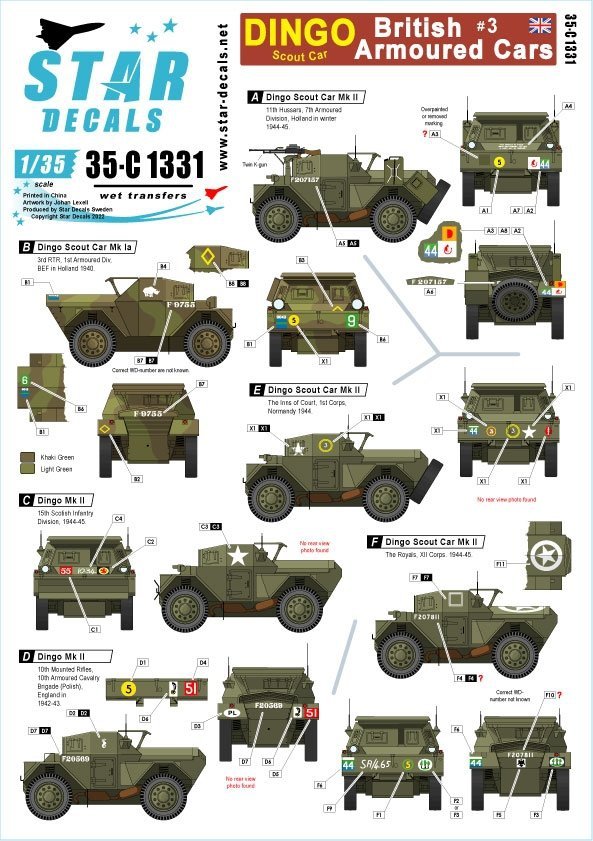 Star Decals 35-C1331 British Armoured Cars # 3. Dingo Scout Car. From BEF to VE-Day. 1/35