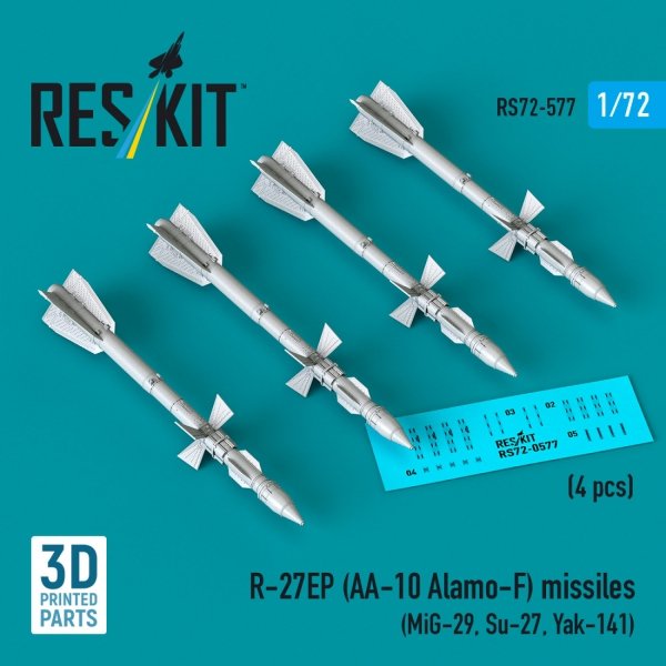 RESKIT RS72-0577 R-27EP (AA-10 Alamo-F) missiles (4 pcs) (MiG-29, Su-27, Yak-141) (3D Printed) (1/72)