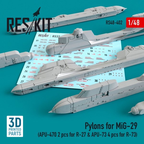 RESKIT RS48-0402 PYLONS FOR MIG-29 (APU-470 2 PCS FOR R-27 &amp; APU-73 4 PCS FOR R-73) 1/48