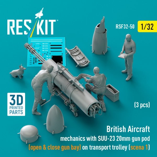 RESKIT RSF32-0050 British Aircraft mechanics with SUU-23 20mm gun pod (open &amp; close gun bay) on on transport trolley (scene 1) (3 pcs) (3D Printed)  (1/32)