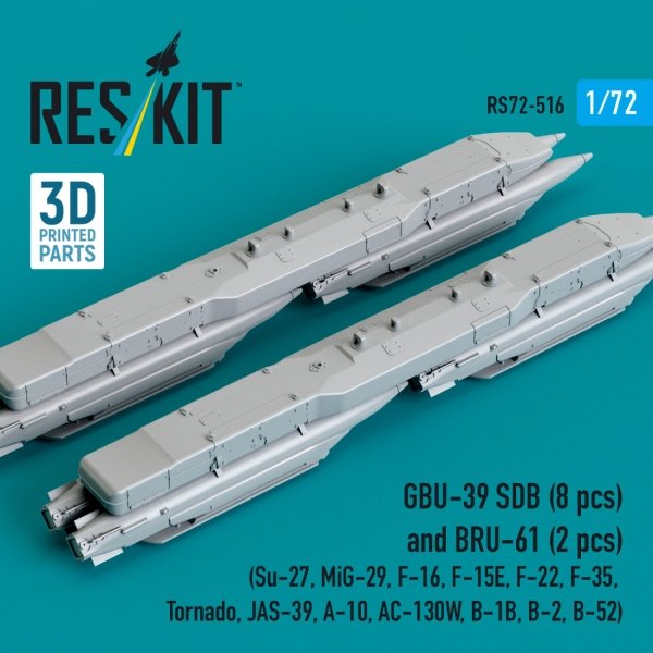 RESKIT RS72-0516 GBU-39 SDB (8 pcs) and BRU-61 (2 pcs) (Su-27, MiG-29, F-16, F-15E, F-22, F-35, Tornado, JAS-39, A-10, AC-130W, B-1B, B-2, B-52) (3D Printed) (1/72)
