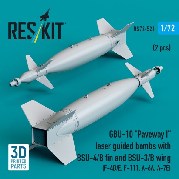 RESKIT RS72-0521 GBU-10 "Paveway I" laser guided bombs with BSU-4/B fin and BSU-3/B wing (2 pcs) (3D Printed) 1/72
