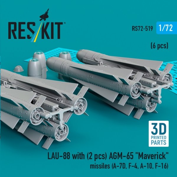 RESKIT RS72-0519 LAU-88 with (2 pcs) AGM-65 &quot;Maverick&quot; missiles (6 pcs) (3D Printed) 1/72