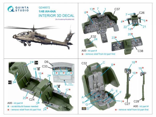 Quinta Studio QD48572 AH-64A 3D-Printed &amp; coloured Interior on decal paper (Academy/Modelist) 1/48