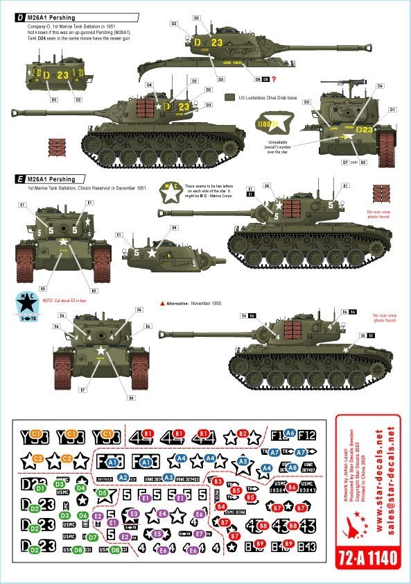 Star Decals 72-A1140 Korean War 1950-53 # 1. USMC Tanks. Sherman and Pershing. 1/72