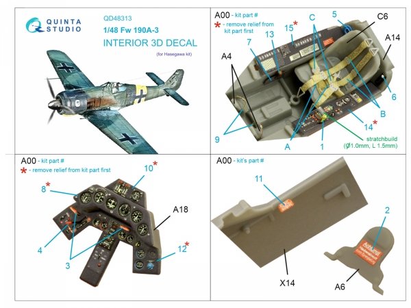 Quinta Studio QD48313 Fw 190A-3 3D-Printed &amp; coloured Interior on decal paper (Hasegawa) 1/48