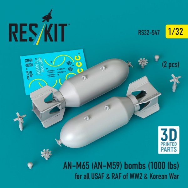 RESKIT RS32-0547 AN-M65 (AN-M59) bombs (1000 lbs) for all USAF &amp; RAF of WW2 &amp; Korean War (2 pcs) (3D Printed) 1/32